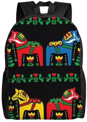 KadUe Unisex Klassischer Basic-Reiserucksack für Teenager, Jungen, Mädchen, Schulrucksack, magisches Design, nordische Runen, Kompass, Läufer Schwedenpferd Dala Folk, Einheitsgröße