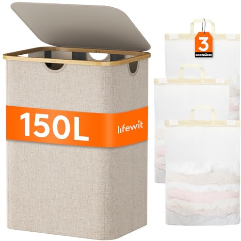Lifewit 150L Wäschekorb mit Deckel 3 Fächer, große Wäschekorb mit Bambusgriffen & abnehmbare Wäschesäcke, Kleidung, Körbe für Wäsche, Schlafzimmer, Bad, Schlafsaal, Waschküche, Beige
