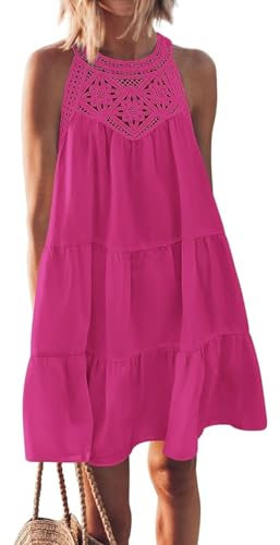 GUCURIN Femmes Hollow Out Halter Robes Été Casual sans Manches A-Ligne Robe d’Été Swing Plage Vacances Mini Robe, Rouge Rosé, L