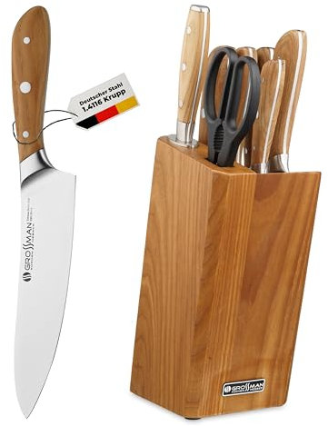 GROSSMAN Niagara Messerblock 7-teilig – Karbonisiertes Eschenholz in Ockerbraun – Küchenmesser Set aus deutschem Edelstahl – rutschfester Messerhalter – edles Design für jede Küche