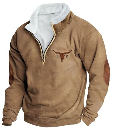 Men's Western Fleece Sweatshirt UK Clearance, Bull Head Print Pullover Hoodie Vintage 1/4 Zip Stand Collar Long Sleeve Sweatshirts Causal Quarter Zip Contrast Color Tops Tribal Thnic Travel