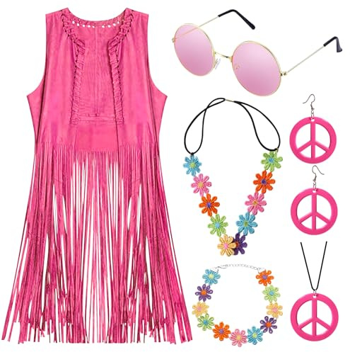 LEACCO Hippie Kostüm Damen Weste 5stk Boho Retro Hippie Kleidung Damen Accessoires 60er 70er Jahre Bekleidung Disco Outfit Frau Karneval Faschingskostüm Cowgirl Oberteil Braun Fransenweste Frau