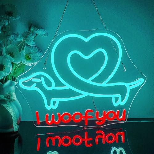 Looklight I Woof You Neonschild Dackel Neonschild Hund Neonschilder für Kinderzimmer Hunde-LED-Neonlicht Tiere LED-Lichtschild für Schlafzimmer Hundeherz LED-Lichtschild für Party BAR Tierhandlung