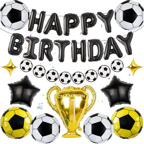 Fußball Geburtstag Dekorationen Luftballons für Jungen - 32 Stück Kinder Party Dekoration Schwarz Weiß Happy Birthday Folienballon Fußball Girlande, Champion Trophäe für Mädchen Fußballfans Party
