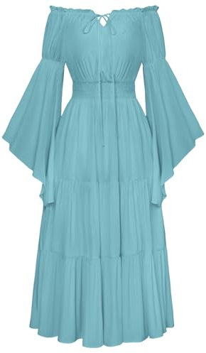 SCARLET DARKNESS Medieval Renaissance Peasant Dress Women Off Shoulder Long Sleeve Plus Size Casual Flowy Maxi Tiered Dress Light Blue XXL