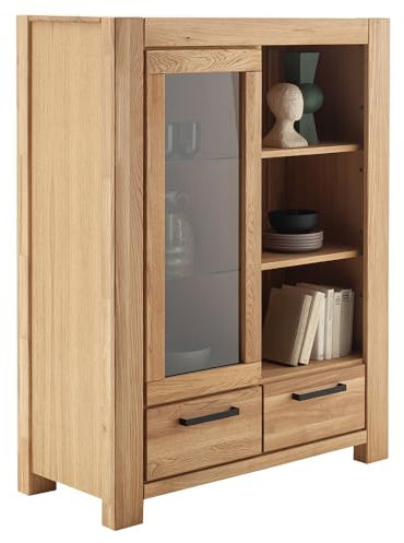 Lomadox Highboard Vitrinenschrank 109 cm breit, Wildeiche teilmassiv geölt, Massivholz/Echtholz/Furnier