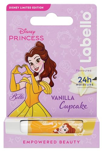 Labello Disney Princess Limited Edition Vanilla Buttercream 4,8 g, bunter Lippenbalsam mit Belle, Lippenbalsam für Mädchen 3+ 24h Feuchtigkeitspflege, Lippenbalsam mit Vanilleduft
