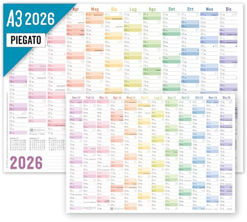 Häfft® Wandkalender 2026 A3 auf Italienisch (42 x 29,7 cm) gefalzt Rainbow, Wandplaner mit italienischen Feiertagen + extra A4-Kalender - nachhaltig & klimafreundlich