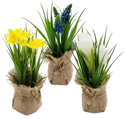 Spetebo Deko Kunstblume im Jutesäckchen 19 cm - 3er Set - Kunstpflanze klein mit Blumen und Büten im Topf - Tischdeko Kunst Frühlingsblume Zimmerpflanze Narzisse Hyazinthe Krokus künstlich