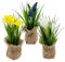 Spetebo Deko Kunstblume im Jutesäckchen 19 cm - 3er Set - Kunstpflanze klein mit Blumen und Büten im Topf - Tischdeko Kunst Frühlingsblume Zimmerpflanze Narzisse Hyazinthe Krokus künstlich