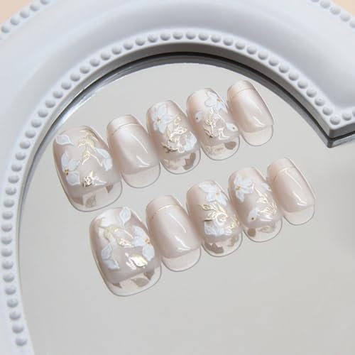 SXVME Nude 3D Press on Nails Short Square, Flora Spring Fake Nails with Designs, Coffin Glue on nails with Diamond, Thick Cute Extra Short Nails for Women and Girls, 30 Pcs