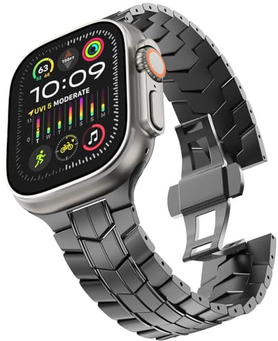 BUDAY Correa de acero inoxidable para Apple Watch Ultra 2 Band 49 mm 45 mm 44 mm 42 mm, correa de metal con cierre plegable para Apple Watch Series 9 8 7 6 5 4 3 2 1 Ultra/Ultra 2 Men(DP-Black)