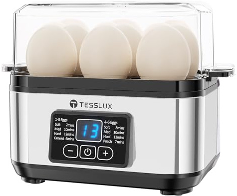 Tesslux Electric Egg Cooker, 6-Egg Boiler for Hard, Soft, Poached, Silver