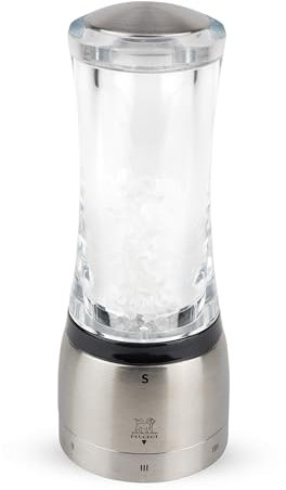 PEUGEOT - Salzmühle Daman u‘Select 16 cm - 6 voreingestellte Mahlgrade - Innovatives Zirlion-Mahlwerk für pulverfeines Salz - Aus Edelstahl und Acryl - Französisches Know-how
