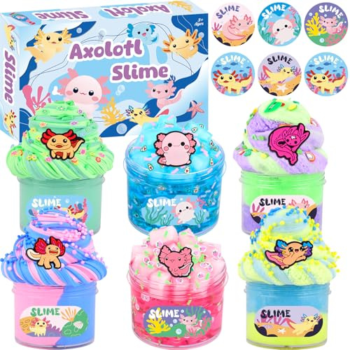 6 Pack Axolotl Slime Kit - Cute Butter Cloud Dough & Crystal Slime for Girls Ages 8-12 - Party Bag Fillers, Birthday Gift Ideas for Girls and Boys - Axolotl Blue