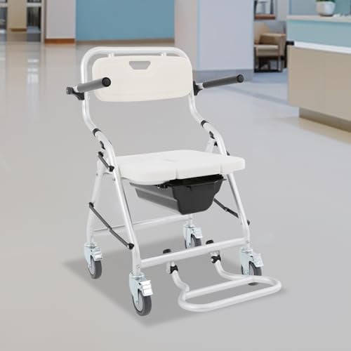Toilettenstuhl für Senioren, 3-in-1 klappbar Duschstuhl mit Rollen, Armlehnen, Fußstütze & abnehmbarem Toiletteneimer für Patienten und Behinderte, Tragfähigkeit bis 150kg