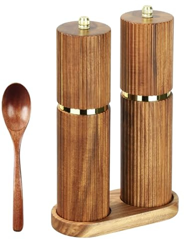 Salt and Pepper Grinder Set with Tray, Acacia Salt and Pepper Grinder Set of 2 with Ceramic Grinder, Vertical 8inch Pepper Mill Spice with Adjustable Ceramic core for Cooking and Baking Brown