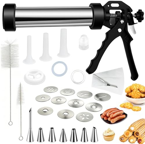 toothank Gebäckpresse aus 304 Edelstahl, Plätzchenpresse für Spritzgebäck & Churros Maker mit 9 Gebäckscheiben, 7 Spritztüllen, Tortenspritze Garnierspritze, Teigspritze für Kekse & Dessert Deko