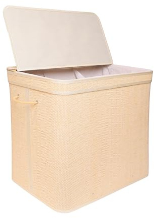 Relaxdays Wäschekorb mit Deckel, Bambus, 170 l, 3 Innenfächer, HxBxT: 61 x 67 x 44 cm, Badezimmer Wäschetruhe, Natur