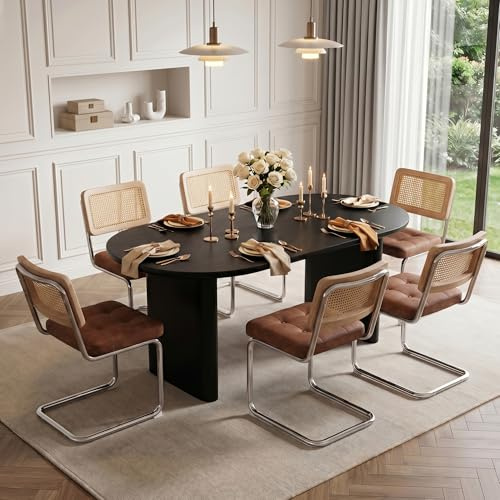 Fijinhom Esszimmerstühle 6er Set,Natürliche Rattan Rückenlehne Stühle Esszimmer,Gepolsterte Esstisch Stühle PU Leder,Moderne Breuer Design Schwingstuhl Esszimmer,Chrom Metallbeine Küchenstuhl, Braun