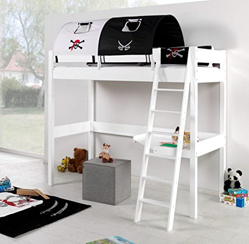Froschkönig24 Hochbett Renate Multifunktionsbett mit Schreibtisch Bett Weiß Stoffset Pirat, Matratze:mit