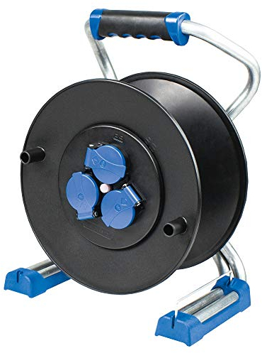 as - Schwabe Xperts Kunststoffkabeltrommel Leertrommel Ø285 mm für ca. 40m Kabel, 3 Schutzkontaktsteckdosen 230V/16A, USB, Thermoschutzschalter, Spannungsanzeige, Doppelrohrgestell, IP44, 22620