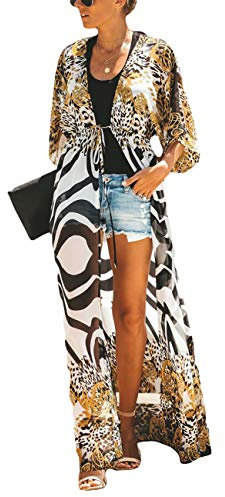 Bsubseach Women Zebra Print Short Sleeve Chiffon Bikini Cover Up Swimwear Kimono Cardigan Long Blouses