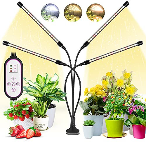 wolezek Grow Light, 80 LED 4 Heads Grow Lights for Indoor Plants, Full Spectrum Plant Light 3000K 5000K 660nm, 10 Dimming Level, 4/8/12H Timer, 3 Switch Mode, Grow Lamp for Seedlings and Succulents