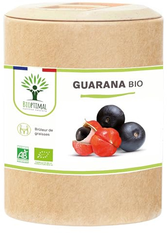 Guarana Bio - Bioptimal - Complément alimentaire - Brûle Graisse Minceur Énergie - 40mg de Caféine/jour - 250mg Poudre de Guarana Pur/Gélule - Fabriqué en France - Certifié Ecocert - 200 gélules
