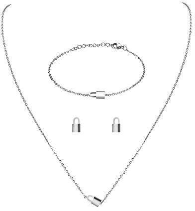 JewelryWe Armband Halskette Ohrringe 4er Set: Silber Edelstahl Schloss Sperren Schmuckset von Armkette, Ohrstecker und Kette mit Anhänger Mode Schlicht Schmuck Geschenk für Damen Mädchen