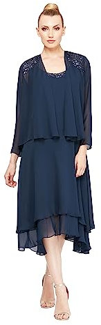 S.L. Fashions Women's Embellished Shoulder and Neck Jacket Dress Special Occasion, Navy, 20 Petite