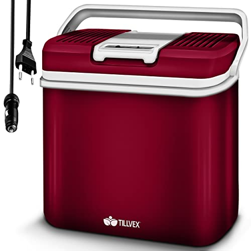 tillvex Nevera portátil eléctrica de 24 litros con Ruedas | Mini Nevera portátil de 230 V y 12 V para vehículos Coches Camping | Enfría y calienta | Modo ecológico (Rojo)
