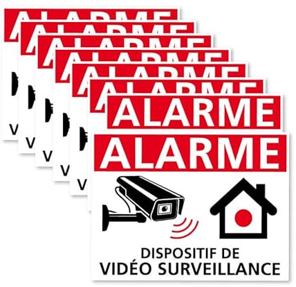 Signalétique.biz France - Autocollants vidéo Surveillance, Dispositif sous Vidéo Surveillance, Lot de 8 adhésifs. Stickers Alarme et sécurité - 80 x 60 mm - Blanc