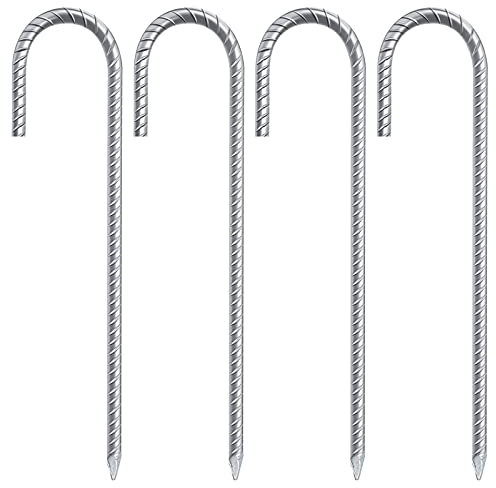 4 Pack Tent Pegs, 12 Inch Heavy Duty Galvanised Steel Ground Rebar Stakes J Hooks Anchors Anchorage Stakes Tent Pegs Garden Stake Pegs Landscape Pins for Camping Tents Trampoline (4 Packs, 12 Inch)