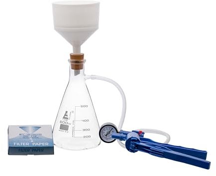 Complete Vacuum Filtration Kit - Includes 500mL Filtering Flask, Hand Vacuum Pump, Buchner Funnel, Filter Papers, Rubber Tubing & Stopper - Eisco Labs