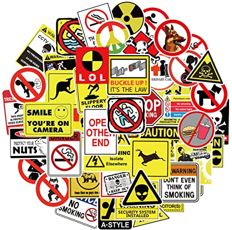 MARSFORCE Vorsicht Achtung Warnung Aufkleber 50 Stück Pack, Wasserdicht Vinyl Stickers für Laptop Wasserflaschen Skateboard Gepäck Auto Motorrad Fahrrad Gitarre PS4 Koffer Snowboard iPhone iPad