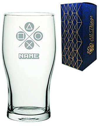 Personalised Engraved Pint Glass with Play Controller Button Design, Gift Boxed, Personalise with Any Name for Any Gamer