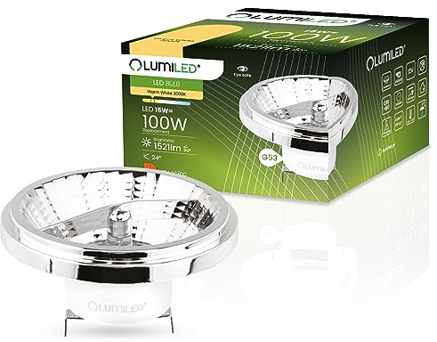 Lumiled LED-Leuchtmittel AR111 G53 Fassung Spannung 12V 15W (Entspricht Halogen 100 Watt) Warmweiß 3000K 24 Grad Abstrahlwinkel Silber 1521 Lumen Ra>80 Aluminium PC