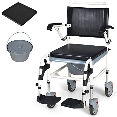 Giantex 4-in-1 Bedside Commode Shower Wheelchair, Commode Chair for Toilet with Arms, 4 Lockable Wheels, Detachable Bucket, Height Adjustable & Flip-up Footrest, Padded Mobile Toilet Chair