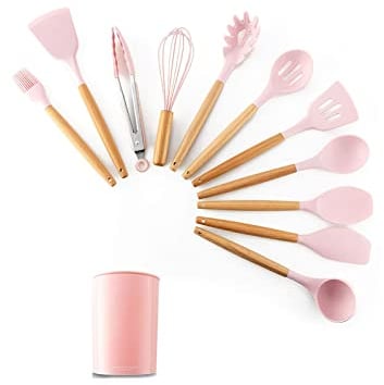 YASTA Utensili Cucina Silicone Set 11pz Mestoli Manico Legno Appendibili Antiaderenti