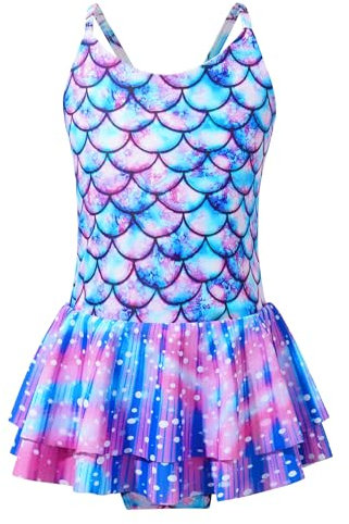 TiaoBug Mädchen Meerjungfrau Badeanzug Spaghettiträger Schwimmanzug mit Rüschen Rock Kinder Bademode Beachwear 92 98 104 110 116 122 128 134 140 Violett O 122-128