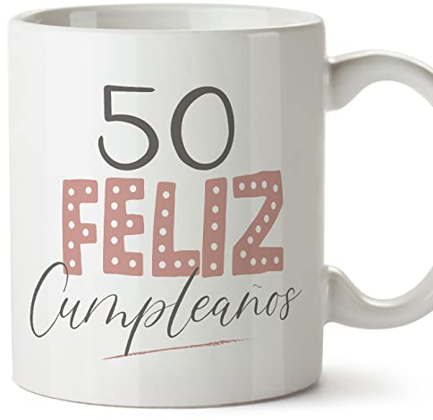 MUGFFINS Tazas 50 Cumpleaños - En Español - ¡Feliz Cumpleaños! Rosa - 11 oz / 330 ml - Regalo original y divertido