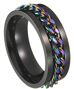 HIJONES Männer Frauen 8MM Klasse Drehbare Kette Sorge Ring aus Rostfreier Stahl Band Für Menschen Mit Angstzuständen Schwarzer Regenbogen Größe 60 (19.1)