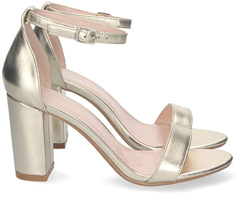 shoes&blues.es 74260 Sandalia de Tacon Alto para Mujer, Comoda, con Pala Fina Simple, Estilo Ankle Strap, y Cierre de Hebilla Oro Talla 36