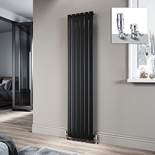 ELEGANT 1800 x 408mm Radiator Black Vertical Radiator Flat Panel Designer Radiator Single Panel Tall Upright Central Heating Radiator with Chrome Thermostatic Valves