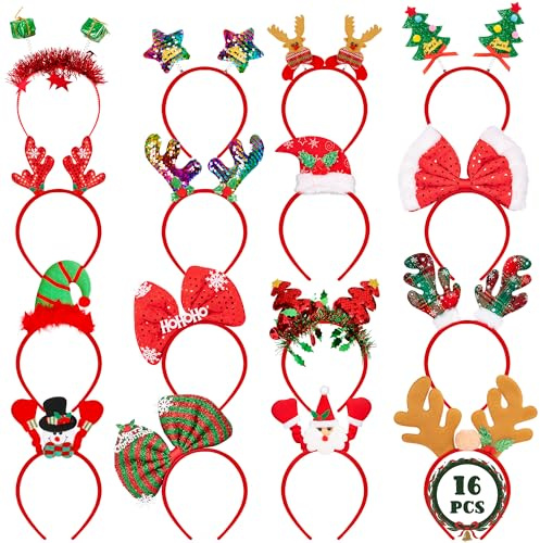 HOVACY 16 PCS Christmas Headbands, 16 Styles Red Xmas Headpieces, Cute Holiday Bow Tie Hair Bands, Felt Elf Hat Santa Hat Headwear for Christmas Party Supplies Accessories