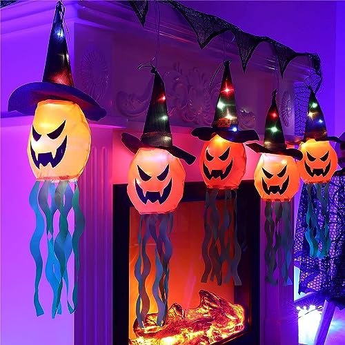 Lunriwis Halloween-Hexenhut-Kürbis-Lichterkette, Halloween-Dekoration, bunte Beleuchtung, Kürbis, Hexenhut, für drinnen und draußen, Kürbishut, Lichterkette für Garten, Hof, Zuhause,