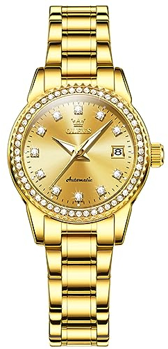 OLEVS Damen-Automatikuhr, Diamant, mechanisch, selbstaufziehend, modisch, elegant, leuchtend, wasserdicht, Edelstahl, Datum, 7003: Goldfarbenes Band und goldfarbenes Zifferblatt, Diamant-Armbanduhr