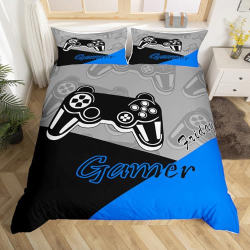 Spiele für Jungen, Bettbezug, Videospiele für Jugendliche, Gaming-Bettwäsche für Kinder, Bettwäsche, 140 x 200 cm, Spiele, Bettwäsche, Deko-Set, Gamer, 2 Kissenbezüge, Blau, Schwarz, Grau