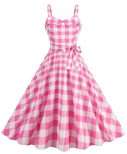 Wellwits Robe de cocktail vintage formelle à double boutonnage avec bretelles caraco et décolleté en cœur pour femme, Plaid rose., M
